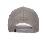 Gorra trucker Goorin Bros con visera curva, paneles frontales color beige con estampado símil mármol, parche bordado con un águila y la palabra "Hunter", paneles traseros de malla gris y cierre ajustable a presión.
