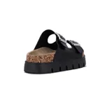 Sandalias negras con plataforma, dos tiras anchas con hebillas plateadas ajustables y plantilla de corcho.