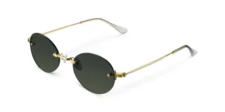 Gafas de sol con lente circular y montura metálica dorada, diseño elegante y atemporal.