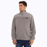 Campera polar gris jaspeado con cuello alto y cierre frontal completo. Tiene paneles lisos en contraste en la parte superior del pecho y la espalda.