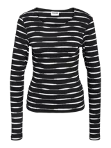 Remera de manga larga con cuello redondo y diseño a rayas horizontales blancas y negras.