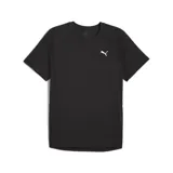 Remera deportiva negra de poliéster, con cuello redondo y logo Puma estampado en el pecho.