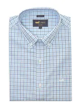 Camisa de hombre RKF Cityscape, de corte regular, manga larga y cuello americano abotonado. Diseño a cuadros en tonos celeste y blanco.