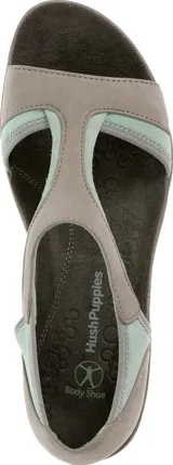 Sandalias Hush Puppies color gris con detalles en verde agua, con suela liviana y flexible.