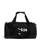 Bolso Adidas Linear Duffel pequeño, color negro con logo blanco. Tiene doble asa de mano, correa de hombro ajustable y extraíble, compartimento principal con cierre de doble vía, bolsillo externo, bolsillos internos y compartimento lateral para calzado.