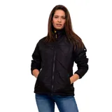 Campera acolchada negra para mujer, resistente al agua y al viento, con cuello alto, cierre frontal, bolsillos laterales con cierre, puños elásticos y logo de la marca en la manga.