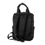 Mochila negra de poliéster con formato rectangular y diseño de gran capacidad. Tiene acceso con cierre doble, dos bolsillos externos con cierre, un bolsillo interno con cierre y dos bolsillos internos abiertos. Se puede llevar en la mano con las asas fijas o como mochila con las correas regulables.