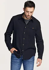 Camisa de algodón y poliéster de color negro con cuello y puños de pana, cierre de botón y un solo bolsillo en el pecho.