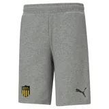Bermuda deportiva gris de algodón con cintura elástica y cordón ajustable. Logo de Puma estampado en negro en la parte inferior derecha y escudo del Club Atlético Peñarol estampado en la parte inferior izquierda.
