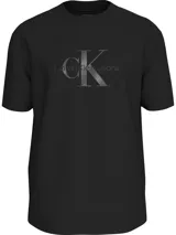 Remera negra de algodón regenerado con cuello redondo y logo Calvin Klein Jeans brillante en el frente.