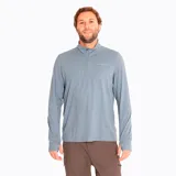 Buzo gris de poliéster reciclado y spandex, con cuello alto y cierre de cremallera hasta el pecho. Tiene mangas largas con orificios para los pulgares y logo de la marca en el pecho.