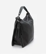 Bolso hobo grande desestructurado de PU color negro, con correa de mano, correa larga desmontable, cierre lateral ajustable con tiradores y cierre superior.