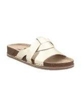 Sandalias bajas doradas con tiras cruzadas y plantilla de corcho.