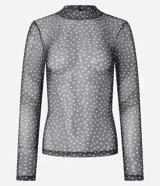 Blusa de tule transparente color negro con lunares blancos, cuello alto y mangas largas.