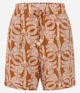 Short de cintura alta, confeccionado en viscosa, con elástico y lazo en la cintura, con estampa de palmeras.