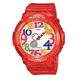 Reloj Casio Baby-G de resina color rojo transparente, con cuadrante blanco y números de colores.