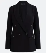Blazer negro de poliéster con frente cruzado, manga larga, abotonado y bolsillos.