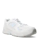 Championes urbanos New Balance modelo 530, color blanco con detalles en celeste, confeccionados en malla y material sintético, con logo "N" característico en los laterales y entresuela ABZORB.