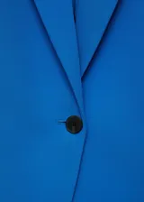 Blazer azul eléctrico con cuello de pico con solapa, cierre de dos botones en la parte delantera, manga larga con puños abotonados y dos bolsillos delanteros de ribete y solapa.