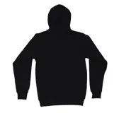 Canguro negro con capucha y cierre parcial con cremallera. Estampado frontal con letras chinas en rojo.