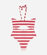 Malla enteriza de microfibra rayada en rojo y blanco, con lazo en el cuello, recortes cutout y copas desmontables.