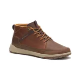 Bota unisex Caterpillar Quest Mid de cuero color marrón, con cordones y suela de goma color beige.