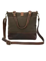 Bandolera de canvas encerado y cuero color verde oliva con correa ajustable y removible.