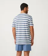 Conjunto de pijama corto para hombre, compuesto por remera de manga corta con cuello redondo y short con cintura elástica. Diseño a rayas horizontales en tonos azul y blanco.