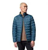 Campera puffer para hombre marca Columbia, modelo Delta Ridge II Down en color azul. Presenta tecnología Omni-Heat™ con forro termorreflectante, construcción HeatSeal™ sin costuras con diseño acolchado geométrico y tejido repelente al agua Omni-Shield™. Cuenta con aislamiento de plumón de 650 hilos, cierre frontal completo, cuello alto con protección de barbilla y bolsillos laterales con cremallera.
