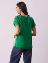 Remera verde de modal con cuello redondo y manga corta con aplique de encaje.