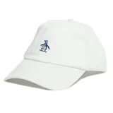 Gorra de béisbol blanca con logo de Original Penguin bordado en azul en el frente.