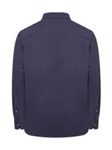 Camisa azul marino de cotelé con cuello camisero, manga larga y cierre con botones.