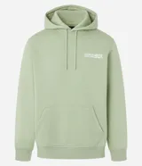 Buzo verde claro con capucha y cordón ajustable, de algodón con felpa. Tiene manga larga, barras ajustadas, bolsillo canguro y estampa frontal y trasera con la leyenda "Grand venture 1990".