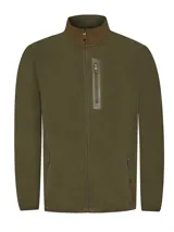 Campera polar verde militar con cuello alto y cierre completo. Cuenta con tres bolsillos externos con cierre y dos bolsillos internos.