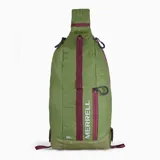 Mochila tipo sling Merrell Crest con capacidad de 8 litros, color verde oliva con detalles en burdeos. Cuenta con panel trasero de espuma EVA, correas ajustables para uso en hombro derecho o izquierdo, cierres de acceso lateral, bolsillos en la correa del hombro y correas de compresión.