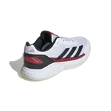 Championes Adidas Courtquick para pádel, color blanco con detalles en negro y rojo. Cuentan con exterior textil liviano, estructura Slingframe estabilizadora, mediasuela Bounce flexible y acolchado Cloudfoam.