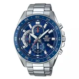 Reloj Casio Edifice con caja y pulsera de acero plateado, esfera azul con detalles en blanco y rojo, cronógrafo y cristal mineral.