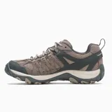 Zapatillas de senderismo Merrell Accentor 3, color marrón y gris, con capellada de gamuza y malla transpirable, cordones y correas recicladas, puntera de goma protectora, forro de malla reciclada, plantilla de espuma EVA reciclada, tratamiento antiolor NXT, entresuela de espuma EVA ligera y suela de goma adhesiva.