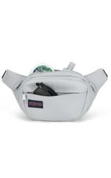 Riñonera JanSport Fifth Avenue negra con estampado de rayos blancos.