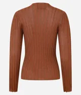 Suéter negro de punto con cuello redondo y mangas largas. Presenta rayas verticales texturizadas y tejido con hilos metalizados.