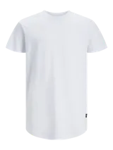 Camiseta blanca de manga corta y cuello redondo, con corte largo y tejido de jersey simple.