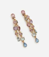 Par de caravanas colgantes doradas con strass de colores en forma de gota, ovalo, cuadrado y rectángulo.