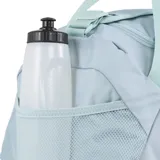 Bolso deportivo Puma color celeste con detalles en negro y amarillo. Tiene doble asa de mano y correa de hombro ajustable. Cuenta con cierre superior, bolsillo frontal con cierre y bolsillo lateral de malla. Logo de Puma estampado en el frente.