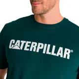Remera gris jaspeado de manga corta con cuello redondo y logo de Caterpillar estampado en el pecho.