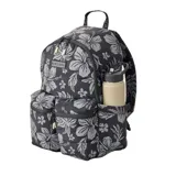 Mochila Rip Curl Weekend Travel de 21 litros, color negro con estampado de flores grises y logo de la marca en el frente. Cuenta con dos bolsillos frontales con cierre y un compartimento principal con cierre doble. Ideal para viajes cortos o uso diario.