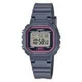 Reloj digital Casio modelo LA20WH-8ADF, color gris con detalles en rosa. Cuenta con cronómetro, alarma, calendario y luz LED. Resistente a salpicaduras.