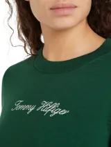 Sweater verde de tejido de punto con cuello redondo y logo de la marca bordado en color blanco en el pecho.