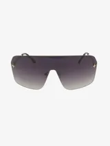Lentes de sol Carolina Lemke con diseño futurista, de una sola pieza, con marco negro y lentes degradadas de gris oscuro a gris claro.