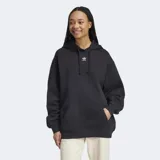 Canguro Adidas Essentials negro de corte holgado, con capucha ajustable con cordón, bolsillo tipo canguro, puños y dobladillo acanalados y logo pequeño bordado en blanco.