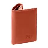 Billetera plegable de cuero negro Caterpillar con clip para billetes, tres ranuras para tarjetas y compartimento de malla. Cuenta con protección RFID.